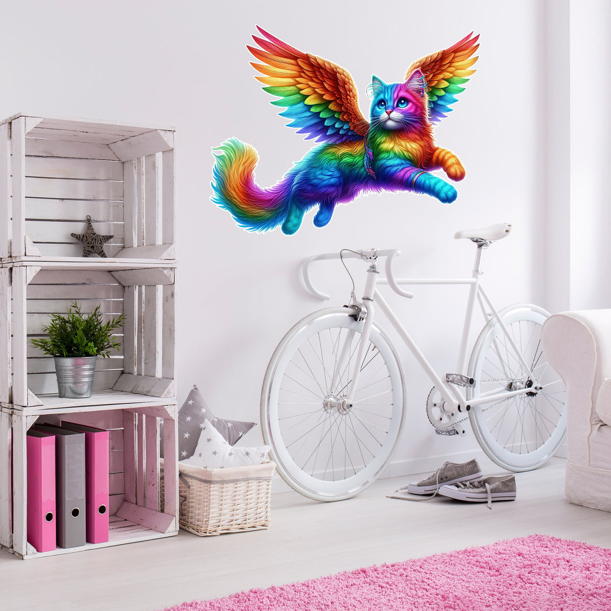 Rainbow Flying Cat with Wings Wall Sticker Decals - Vibrant Room Decor for Kids, Nursery, and Playrooms