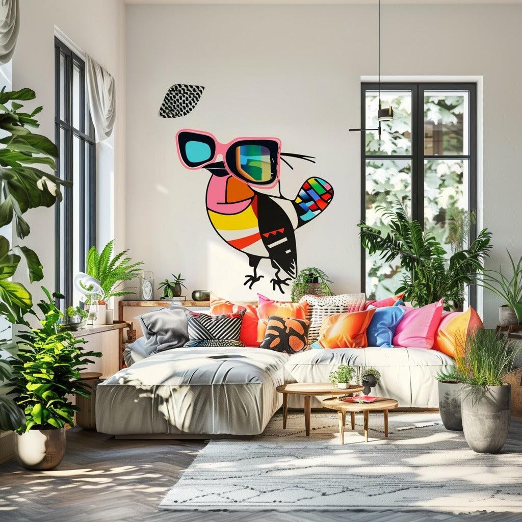 Colorful Downy Woodpecker in glasses wall sticker in a vibrant living room decor.