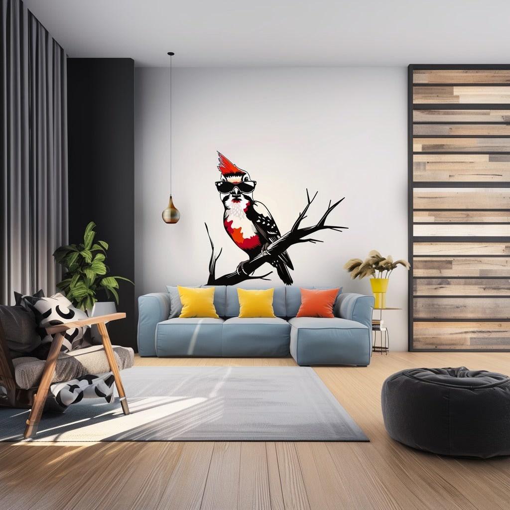 Downy Woodpecker bird in glasses wall sticker decor adding whimsy to a stylish living room with cozy furniture.