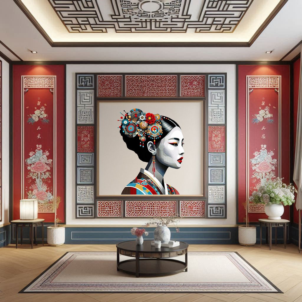 Colorful Asian Woman Portrait Wall Decal - Intricate Traditional Attire Sticker