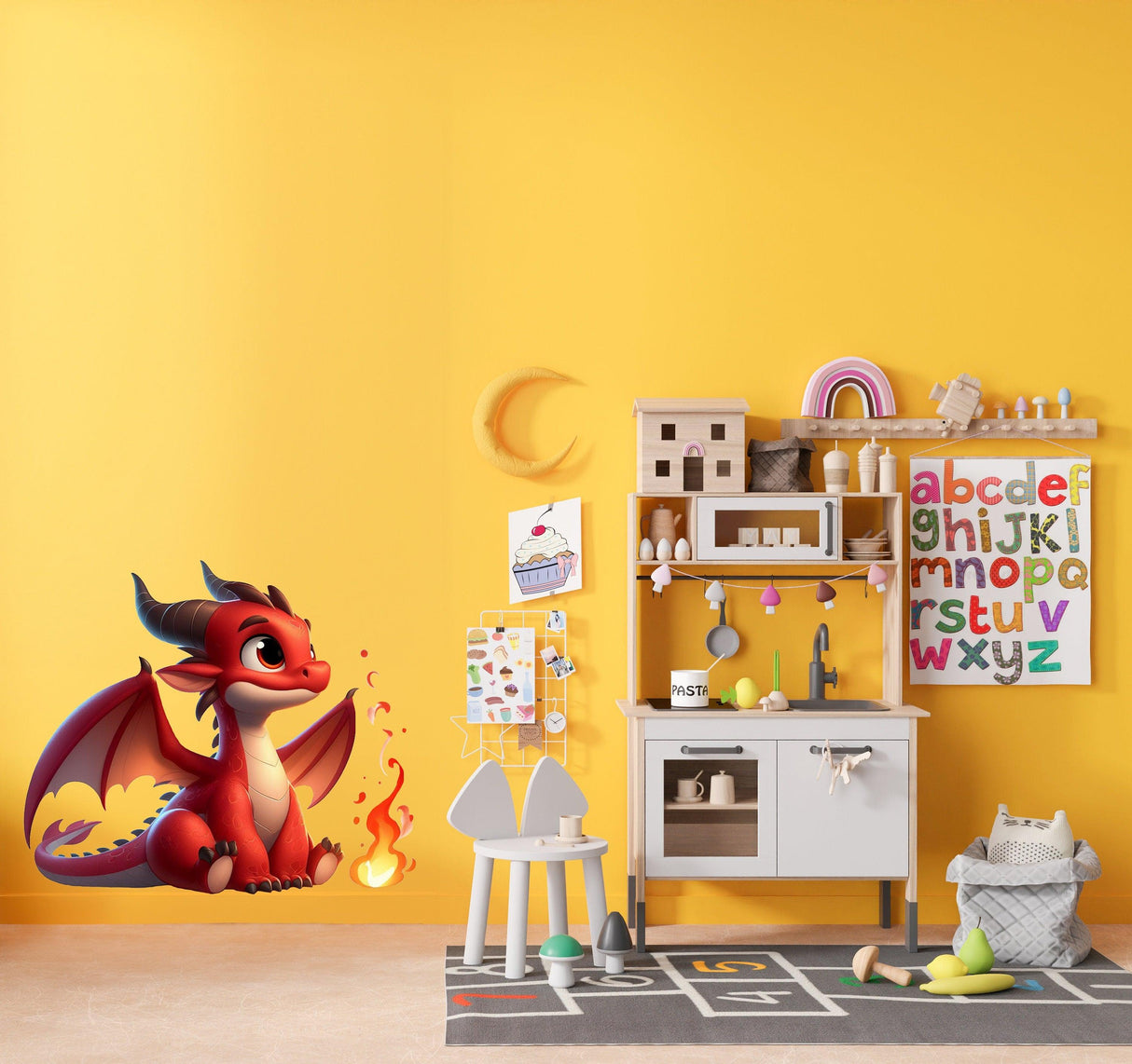 Cute red baby dragon wall decal on yellow wall in kids room, adding whimsy and color to play area decor.