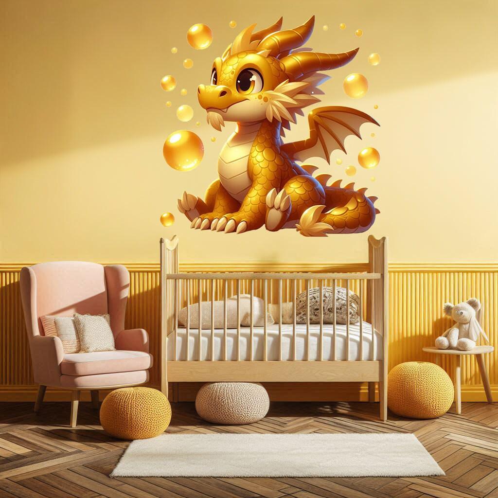 Golden baby dragon wall decal sticker in a cozy nursery with soft pastel colors and playful decor.