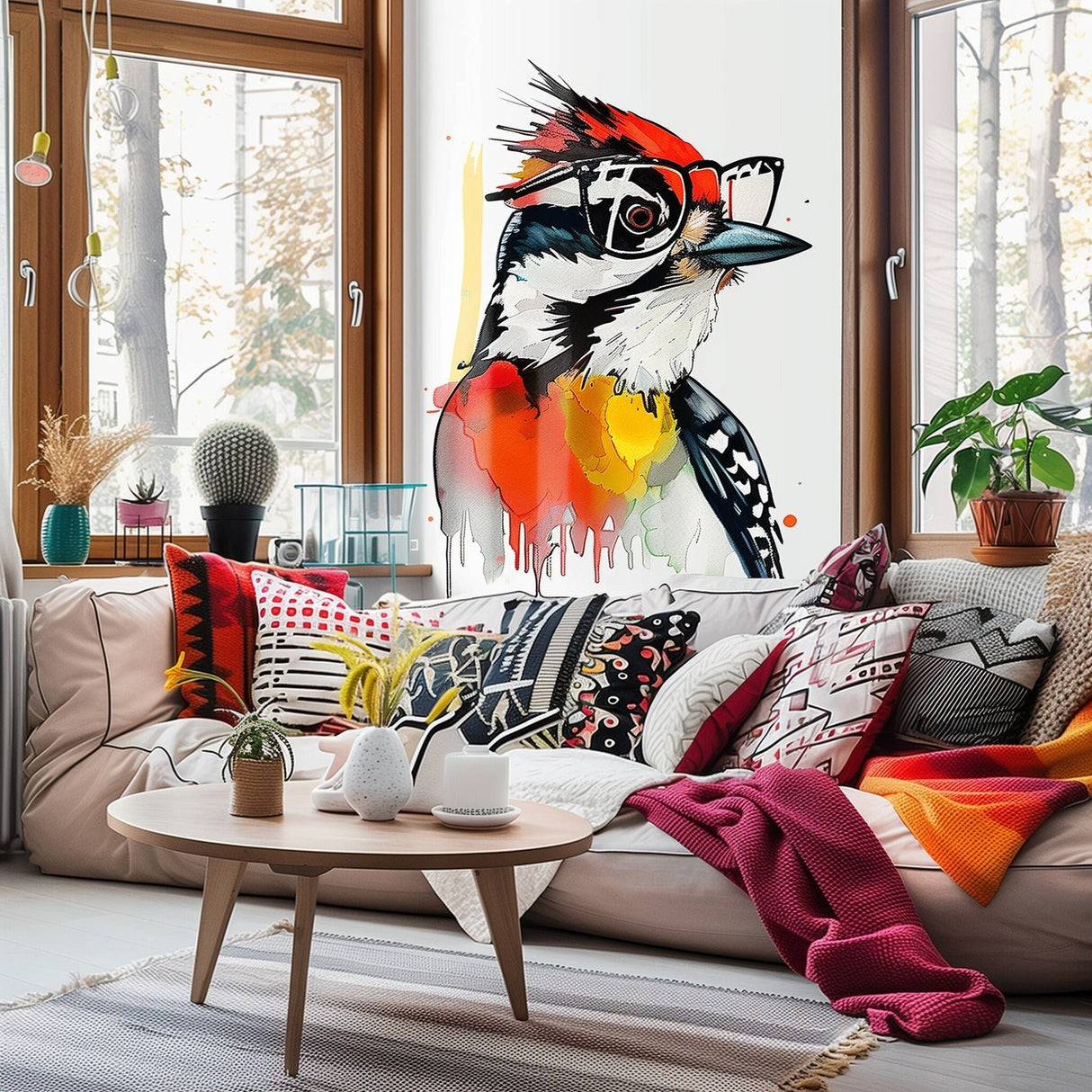 Downy Woodpecker in Glasses Watercolor Art Sticker Decals - Unique Room Decor for Nature Lovers