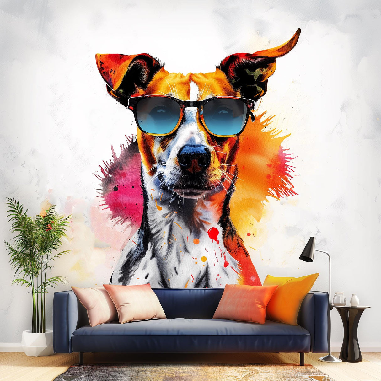 Photorealistic Jack Russell Terrier Wall Sticker - Vibrant Watercolor Dog with Sunglasses Decal
