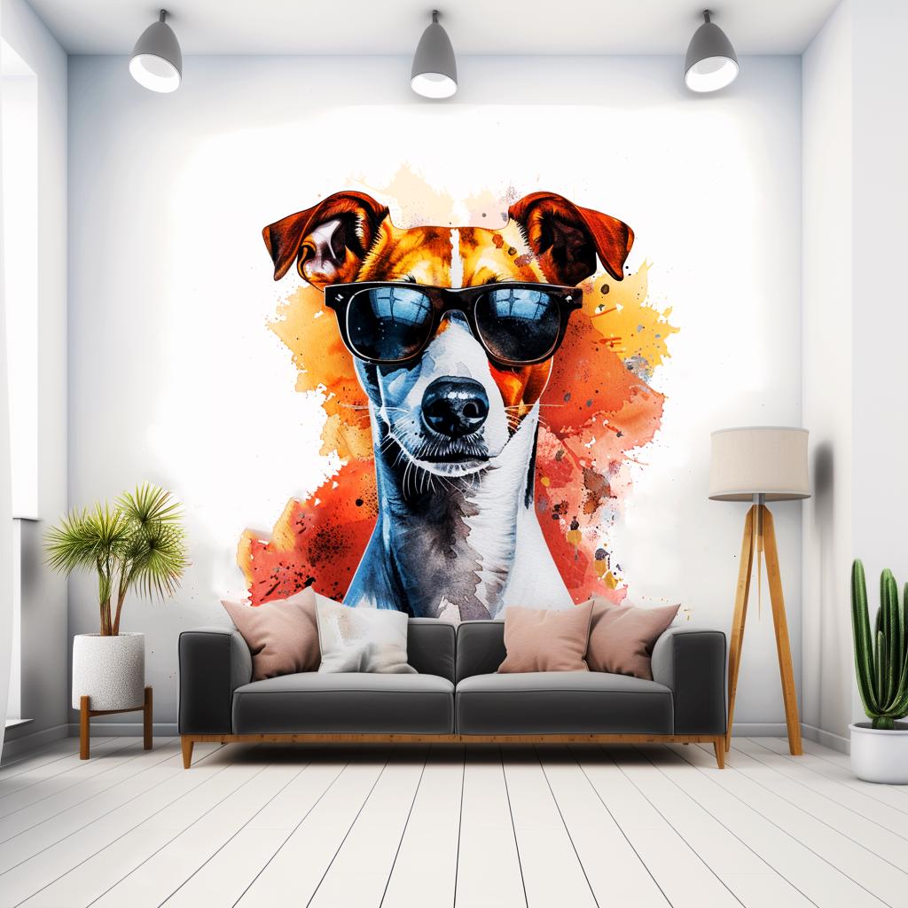 Vibrant Jack Russell Terrier Wall Sticker with Sunglasses | Watercolor Dog Art Decal | Modern Pet Lover Home Decor | Fun Bedroom Decoration