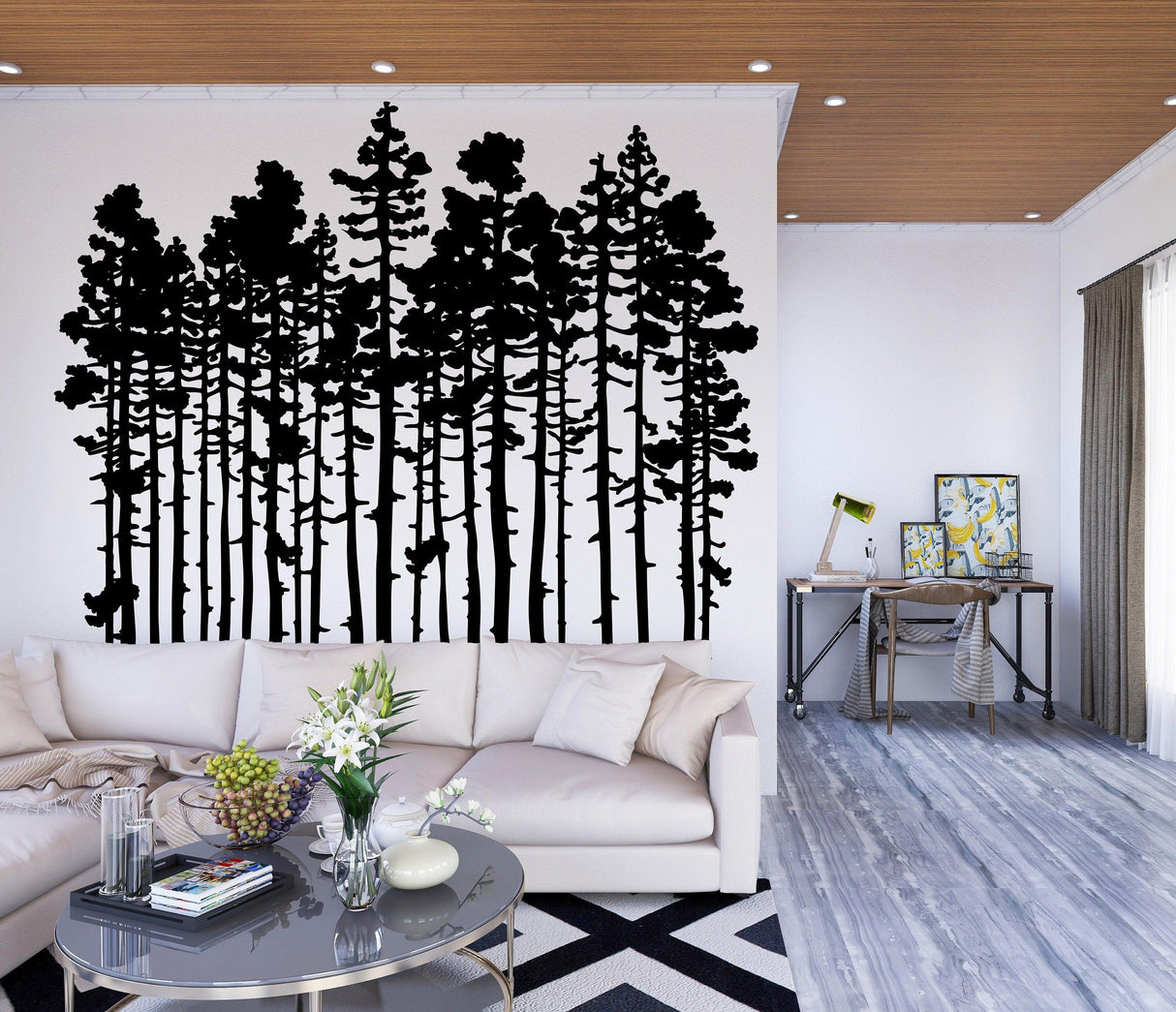Black pine tree wall decal in modern living room, adding rustic touch to home decor with nature-inspired design.
