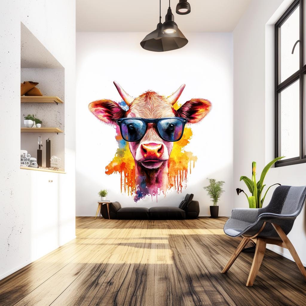 Baby Cow with Sunglasses Sticker | Colorful Watercolor Splash Art Decals | Fun Kids Room Decor | Photorealistic Animal Wall Sticker