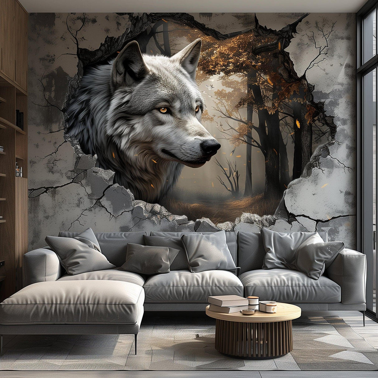 Realistic 3D wolf wall decal sticker breaking through wall in a forest setting, adding wilderness flair to any room.