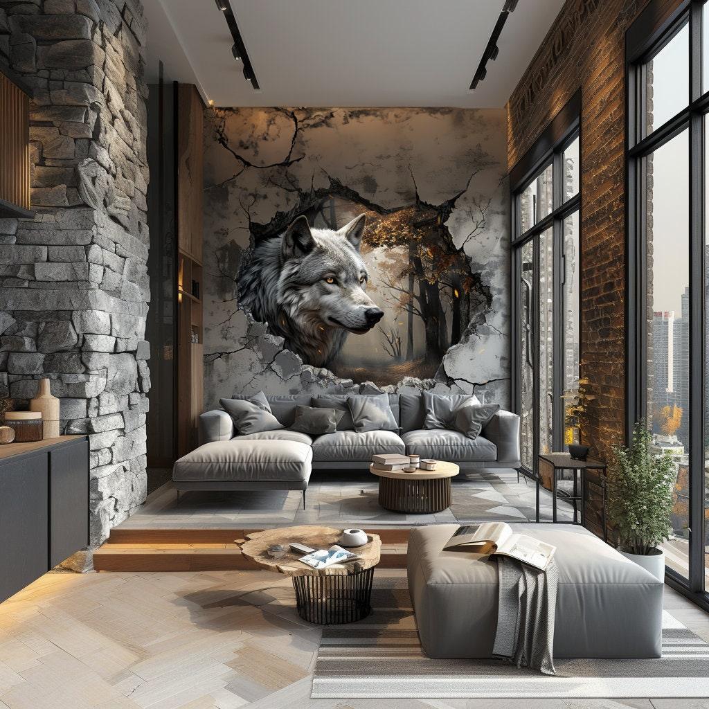 Realistic 3D wolf wall decal sticker breaking through wall in modern living room.