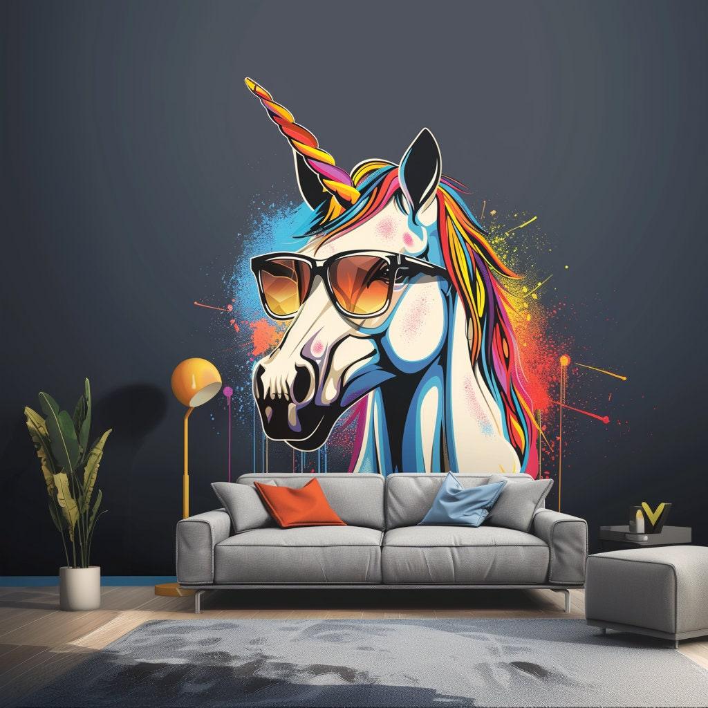 Colorful graffiti unicorn wall sticker with sunglasses, adding playful decor to modern interiors.