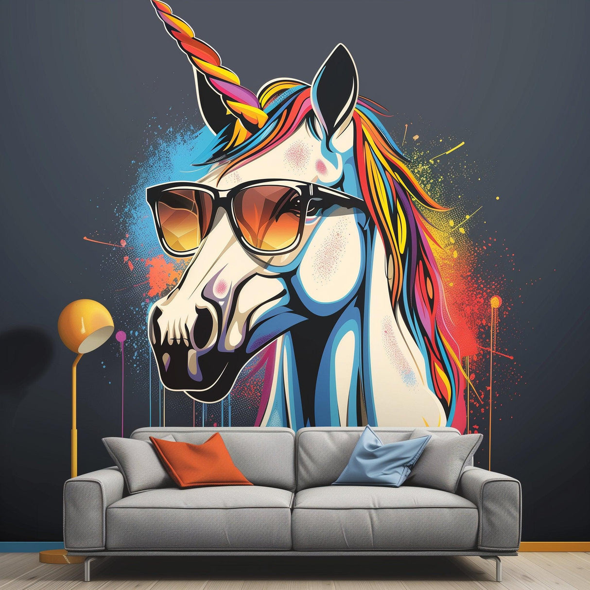 Graffiti unicorn wall sticker with sunglasses, vibrant colors, artistic decor for modern interiors.