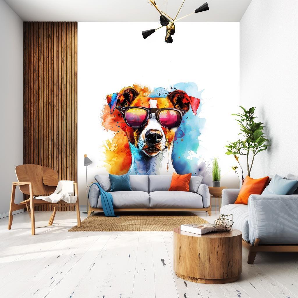 Vibrant Jack Russell Terrier wall sticker with sunglasses in a modern living room decor.