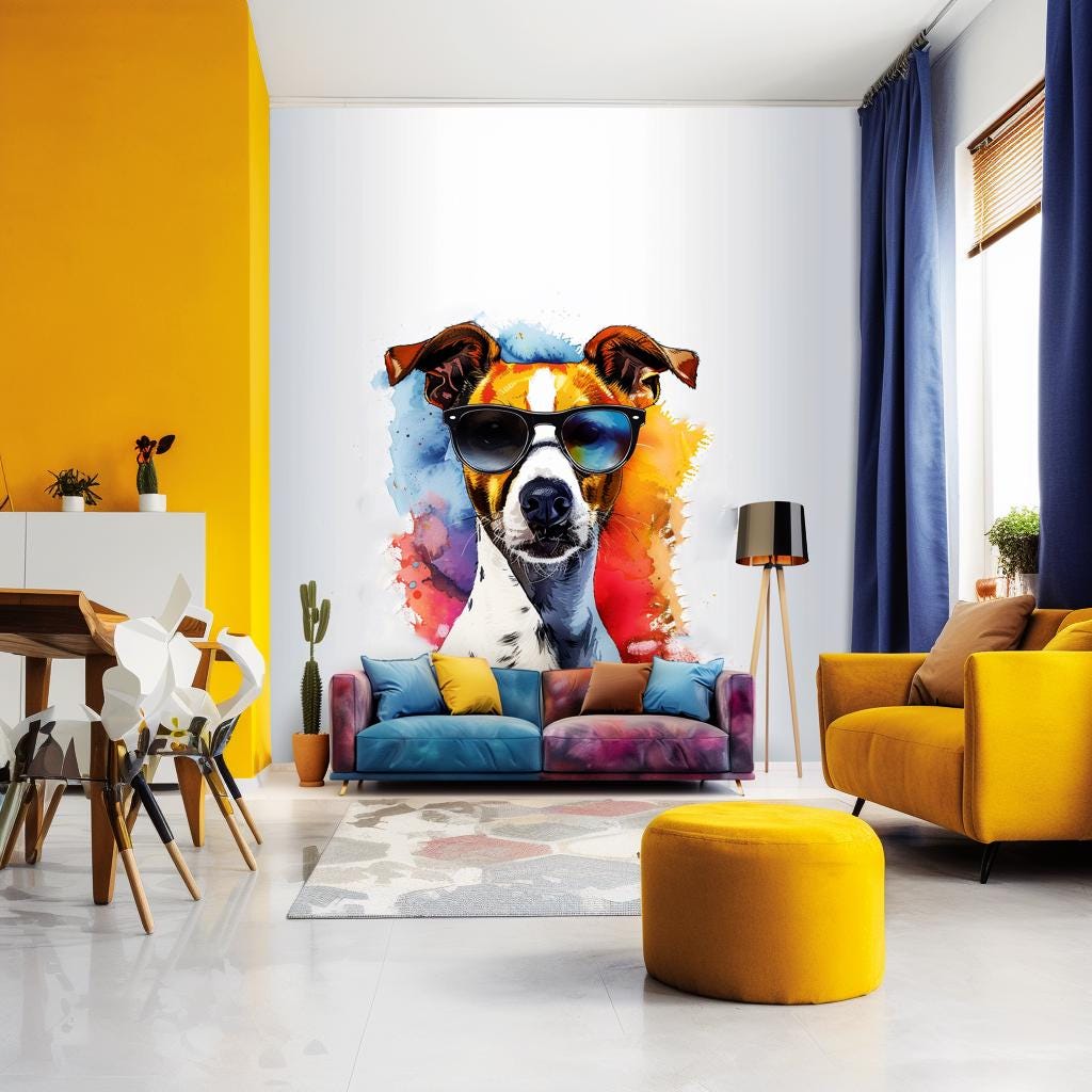 Colorful Jack Russell Terrier Wall Sticker with Sunglasses | Watercolor Dog Art Decal | Fun Pet Lover Home Decor | Living Room Wall Art