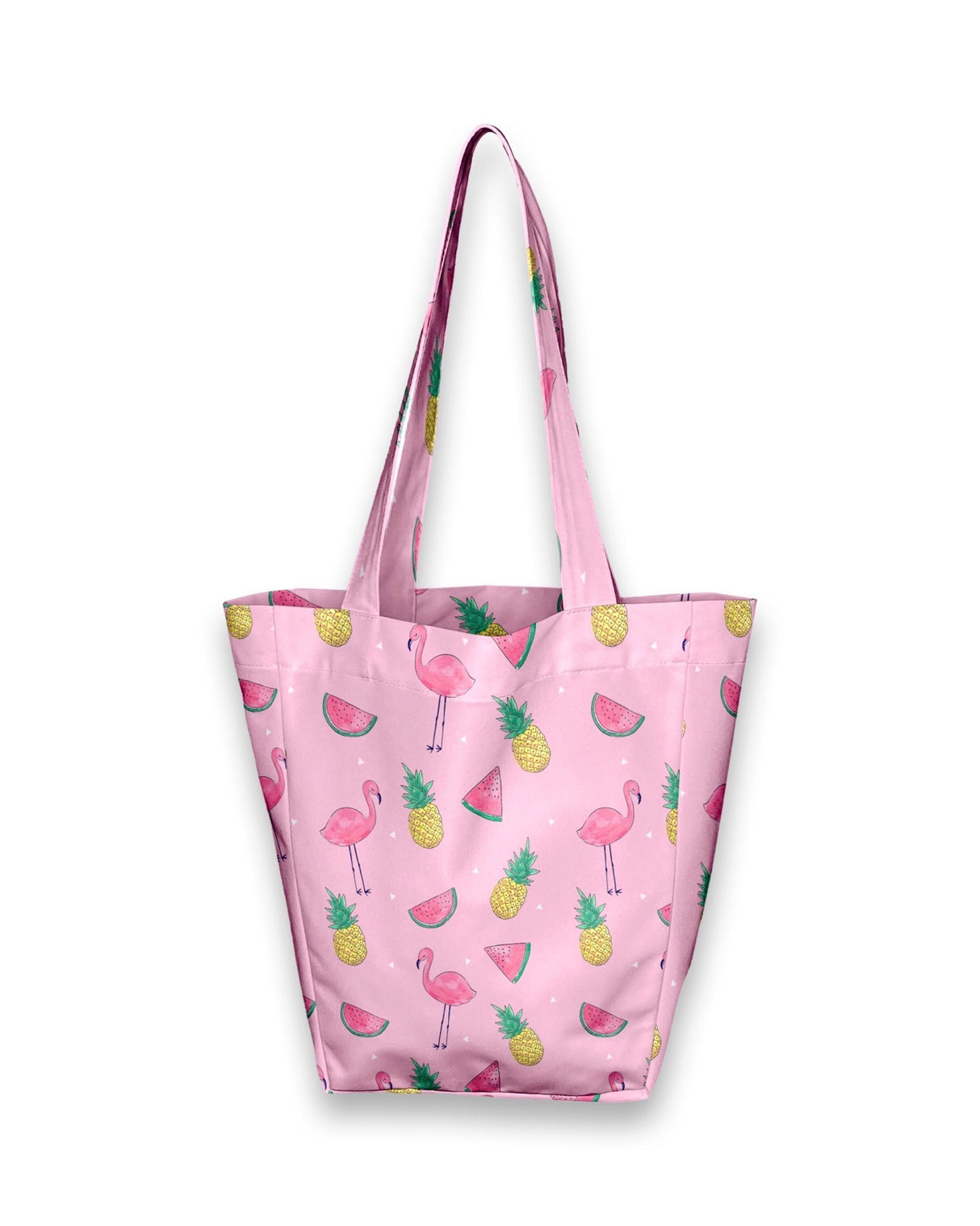 Pink kids shopper tote bag with flamingo and pineapple print, perfect for storing small items.