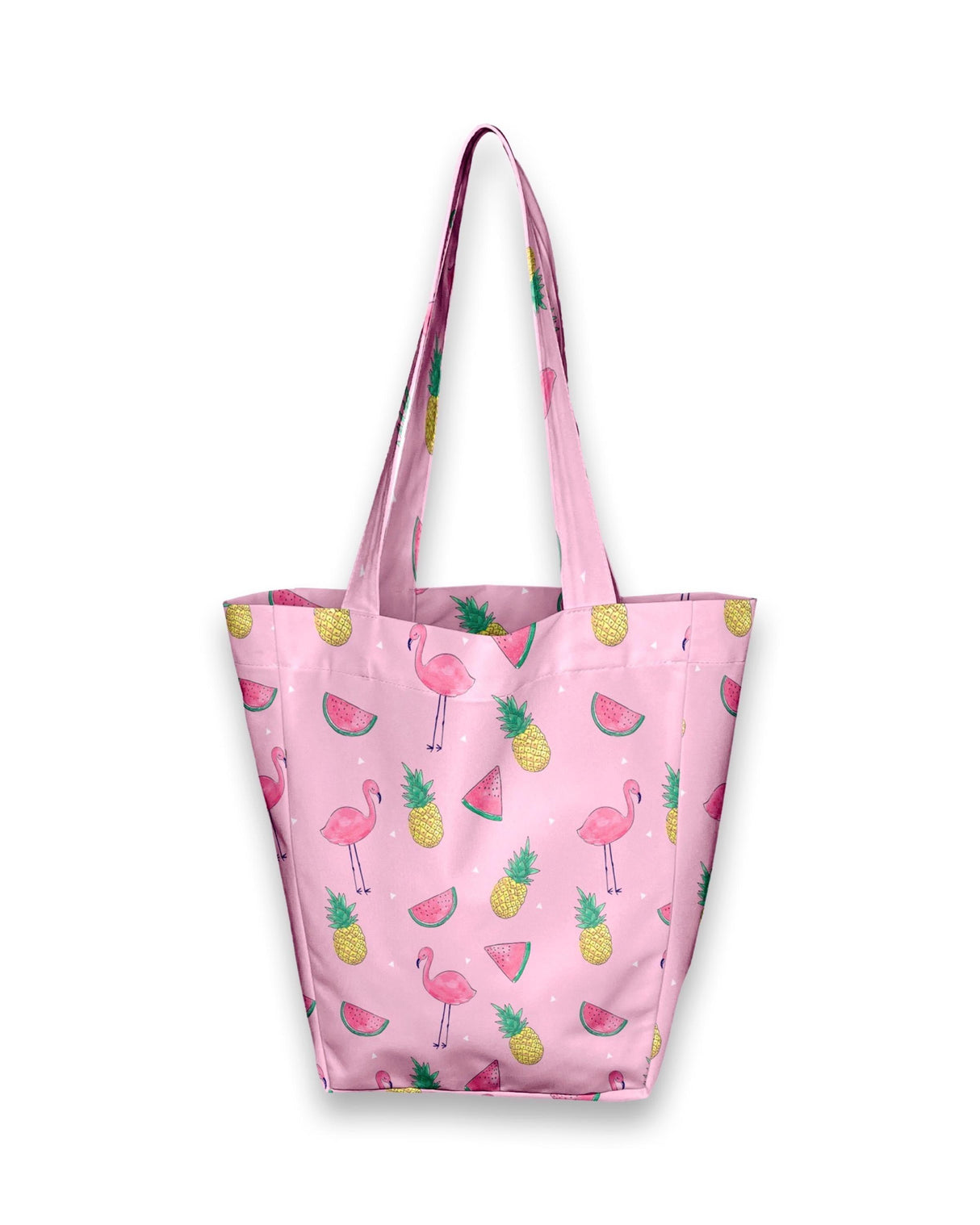 Cute pink tote bag featuring flamingos and tropical fruits like watermelons and pineapples.