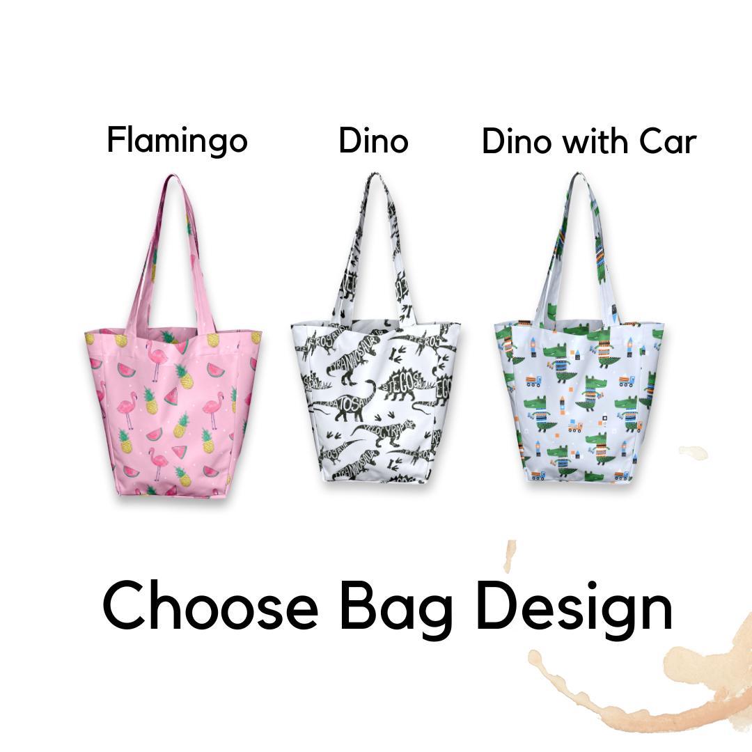 Three colorful kids tote bags: Flamingo, Dino, and Dino with Car designs.