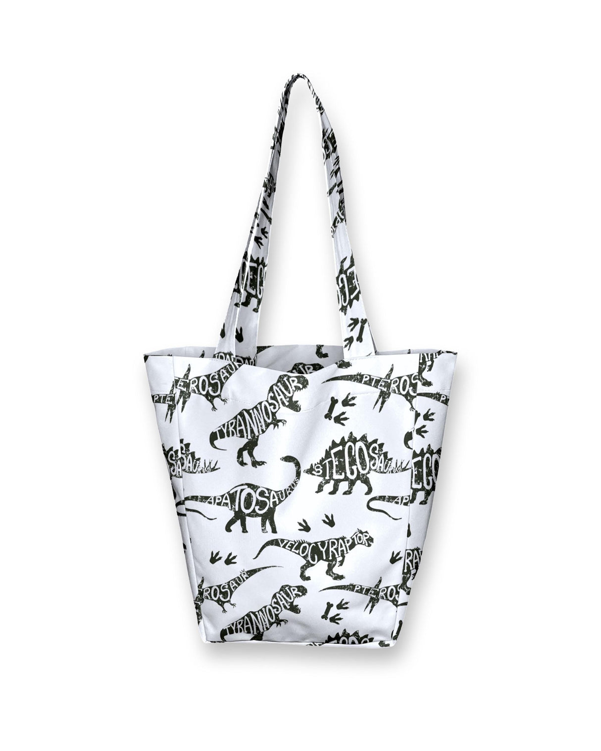 Kids white dinosaur tote bag with fun dinosaur patterns, eco-friendly and durable for little ones.