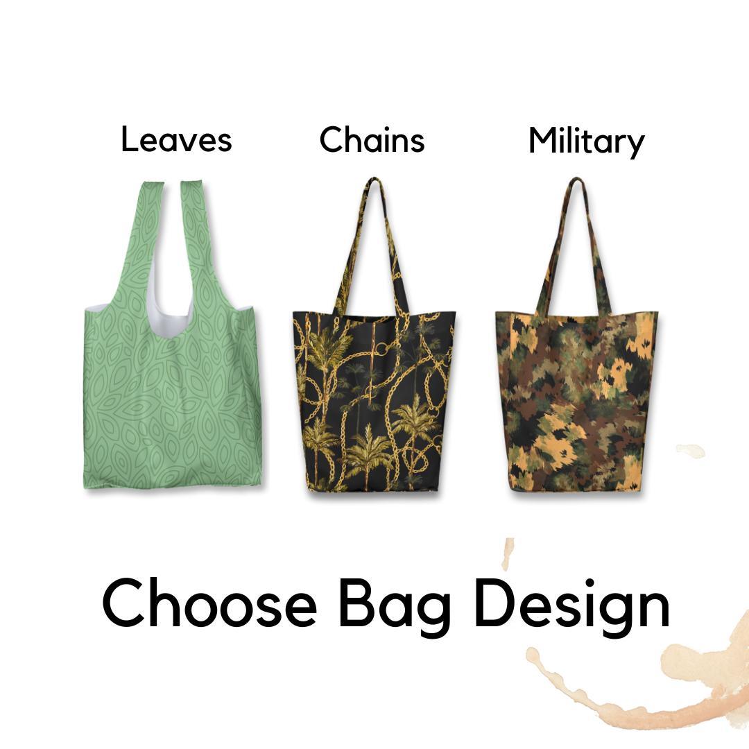 Three stylish tote bag designs: leaves, gold chains, and military patterns. Choose your favorite bag design!