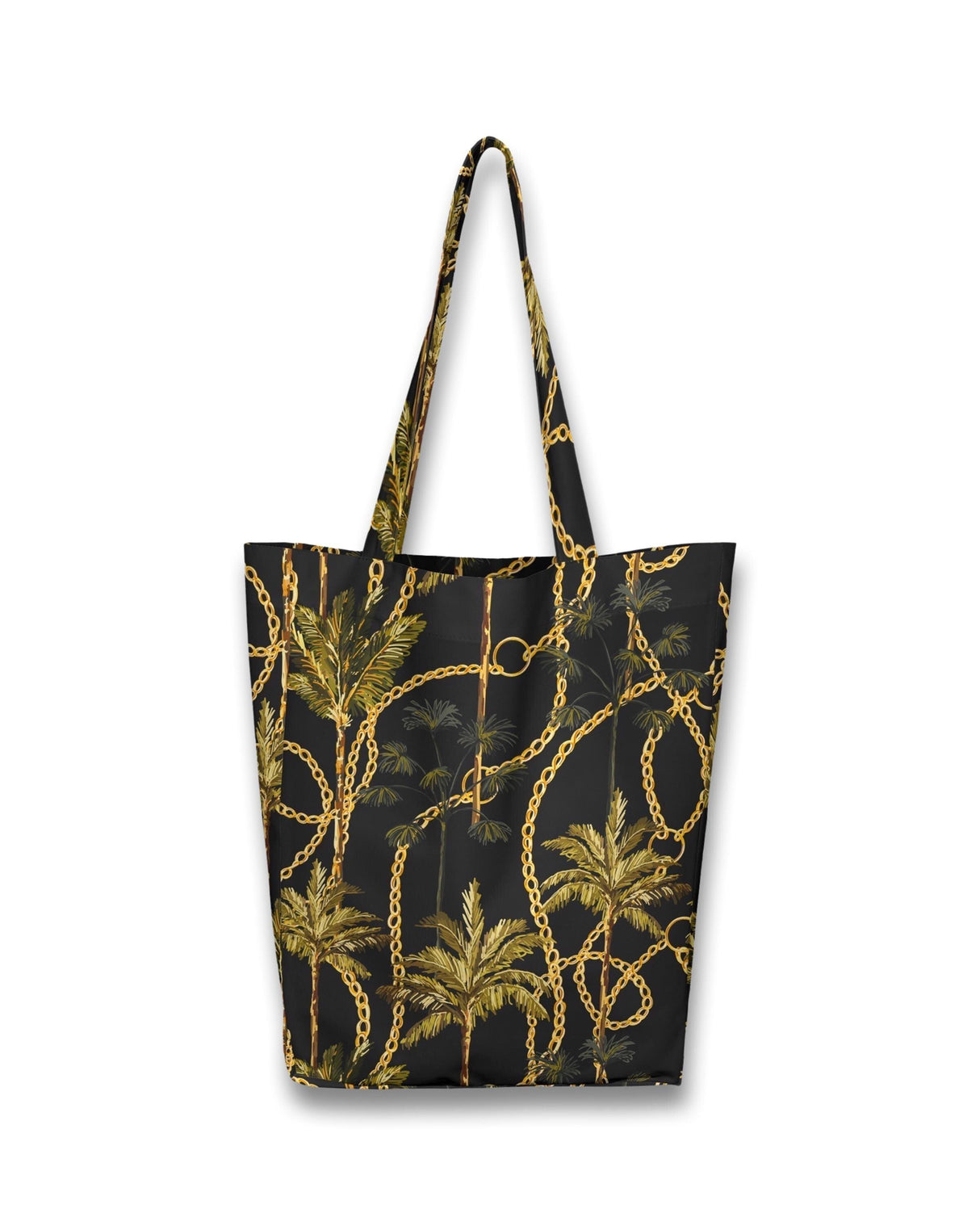Women's black tote bag with gold chains and palm tree design, perfect for beach or gym.