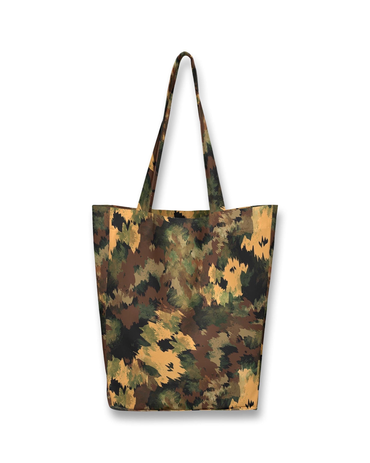 Large women's tote bag with military brown and green camouflage pattern, perfect for beach and gym use.