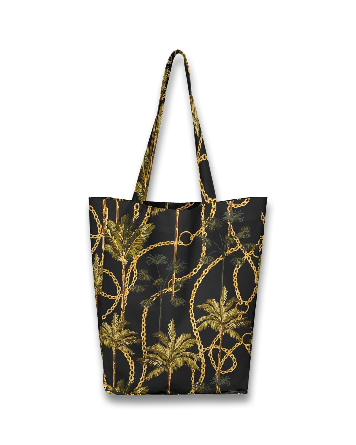 Women's black tote bag with gold chains and palm tree design, perfect for beach and gym outings.