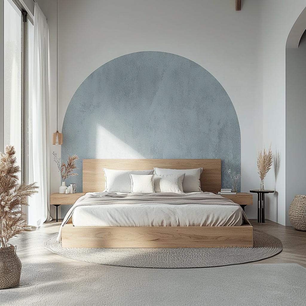 Stylish bedroom featuring a sky blue half-circle wall decal above a wooden bed frame with white bedding and modern decor.