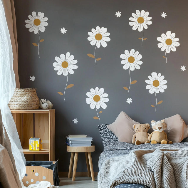 Daisy flower wall decals in a kids room with a cozy setup, featuring playful designs on an elegant grey wall.