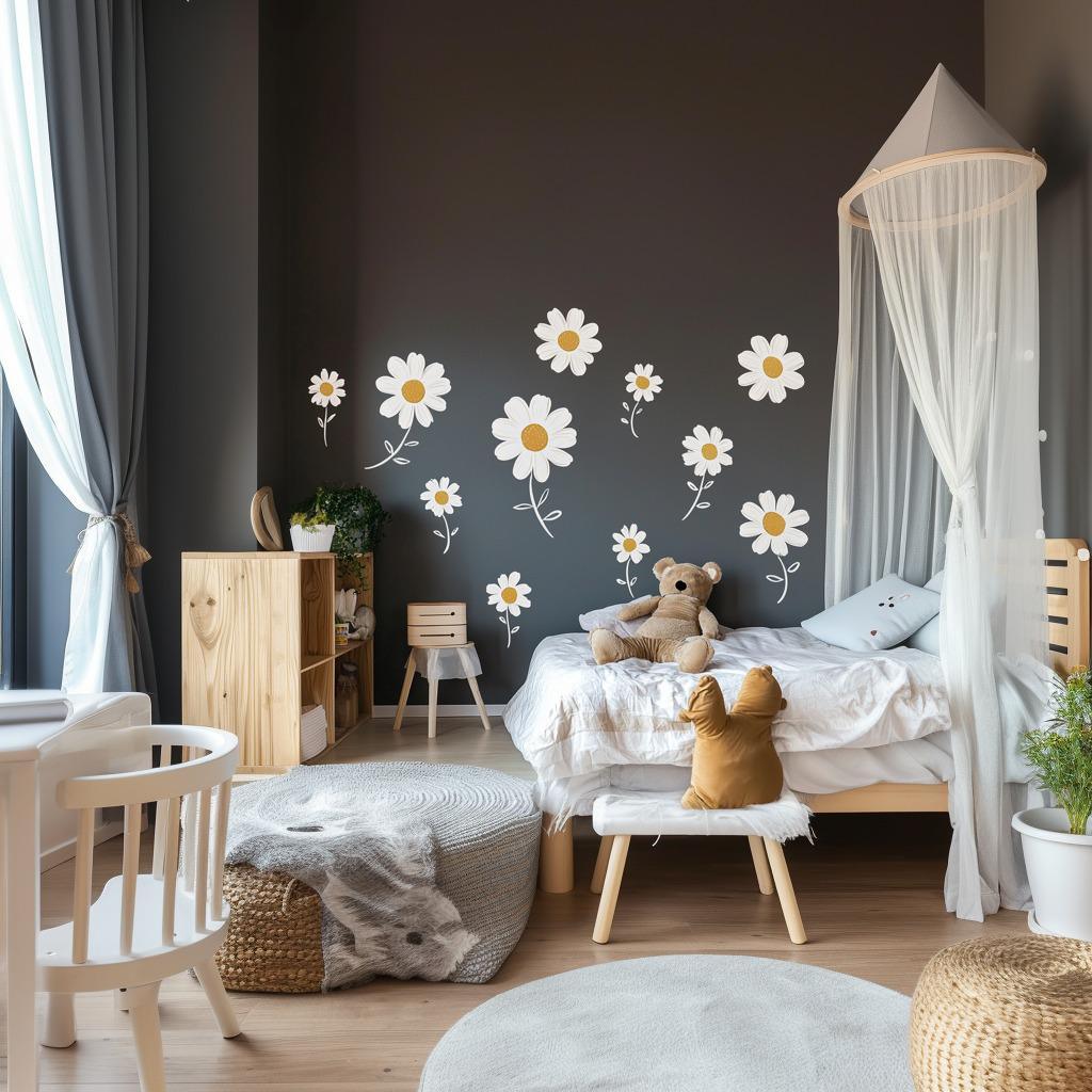 Daisy flower wall decals in a stylish nursery with teddy bear and cozy decor.