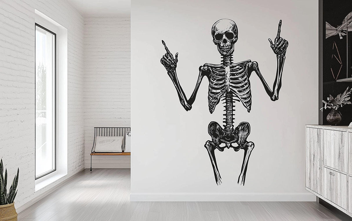 Life-size skeleton wall decal in a modern room, perfect for Halloween and gothic decor.