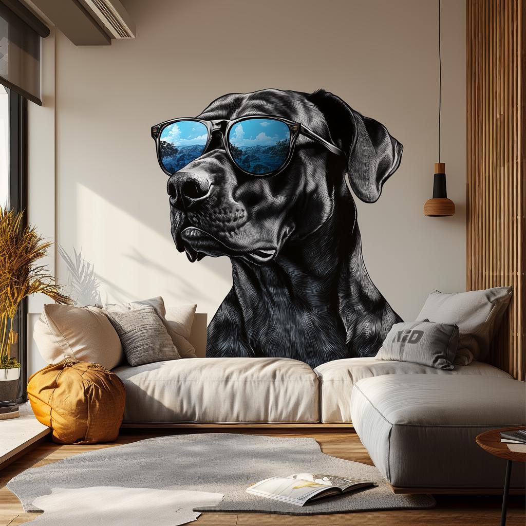 Stylish black dog wall decal with sunglasses, adding modern decor to a cozy living space.