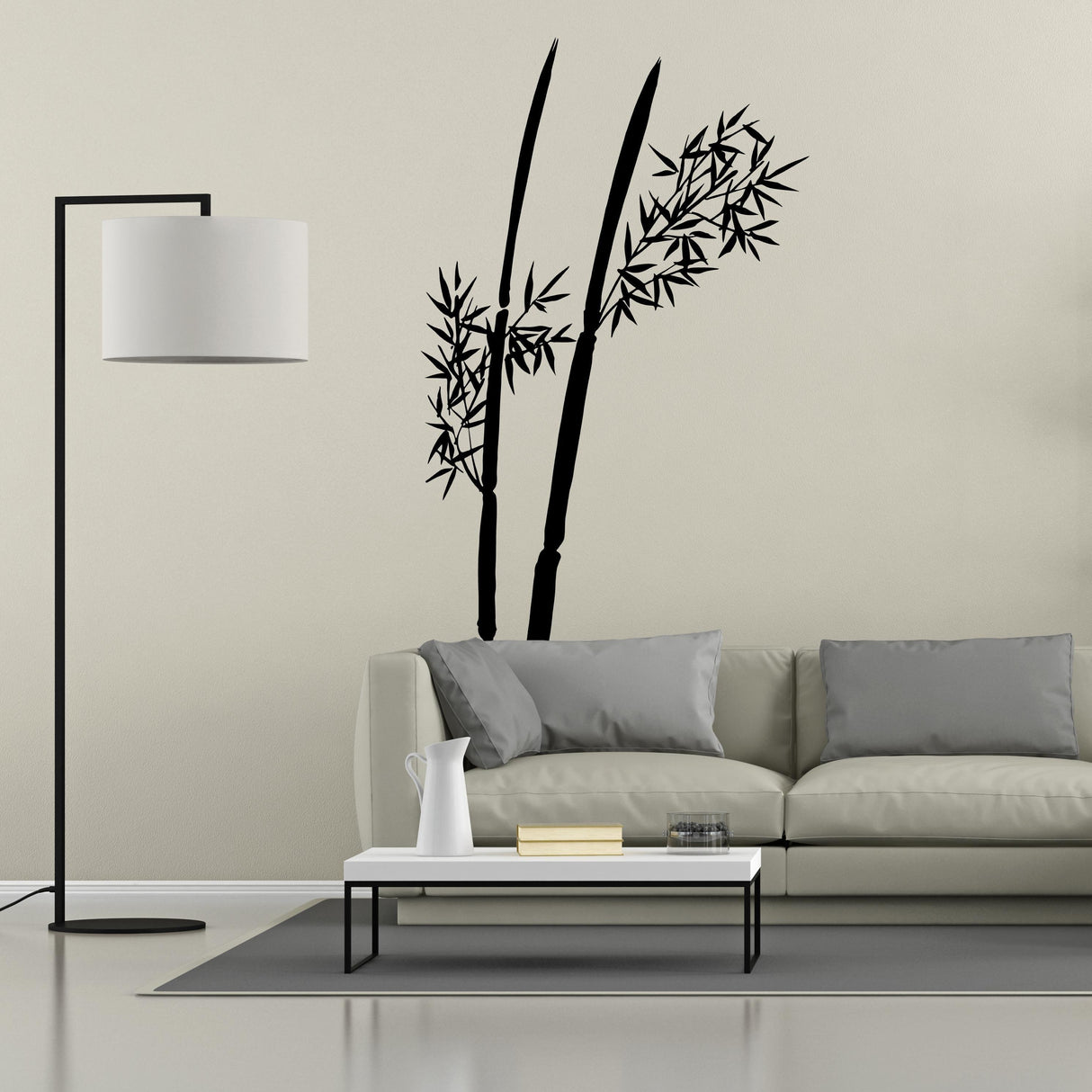 Minimalist bamboo wall decal in a living room setting with modern furniture and decor.