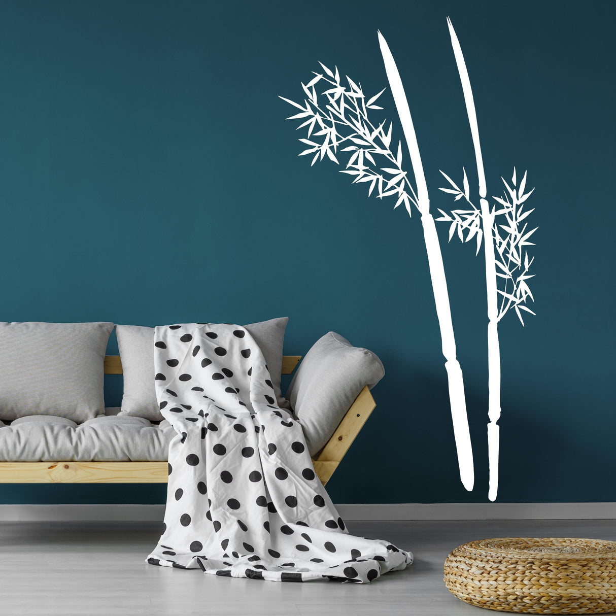 Minimalist bamboo plant wall decal shown in an alternate interior view without promotional text.