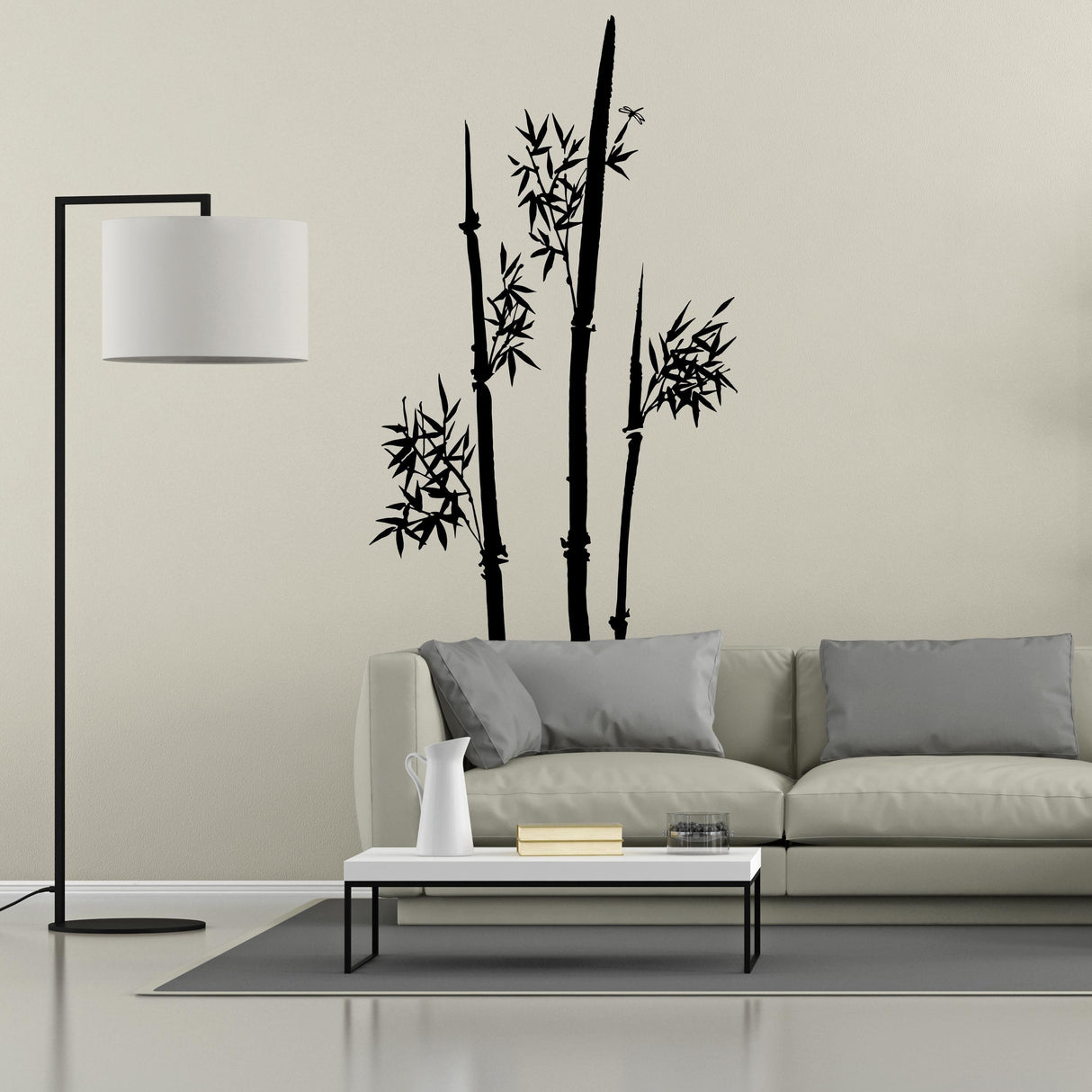 Minimalist bamboo wall decal in a modern living room, adding a serene and zen touch to the decor.