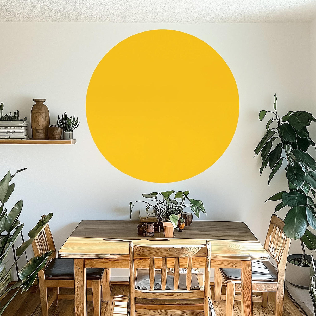 Yellow circle wall decal in a modern dining space, adding warmth and elegance to the interior design.