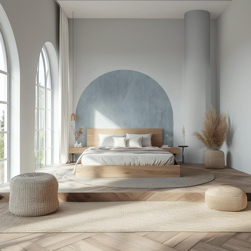 Boho bedroom showcasing a sky blue half-circle wall decal, wooden bed, and natural decor for a calming aesthetic.