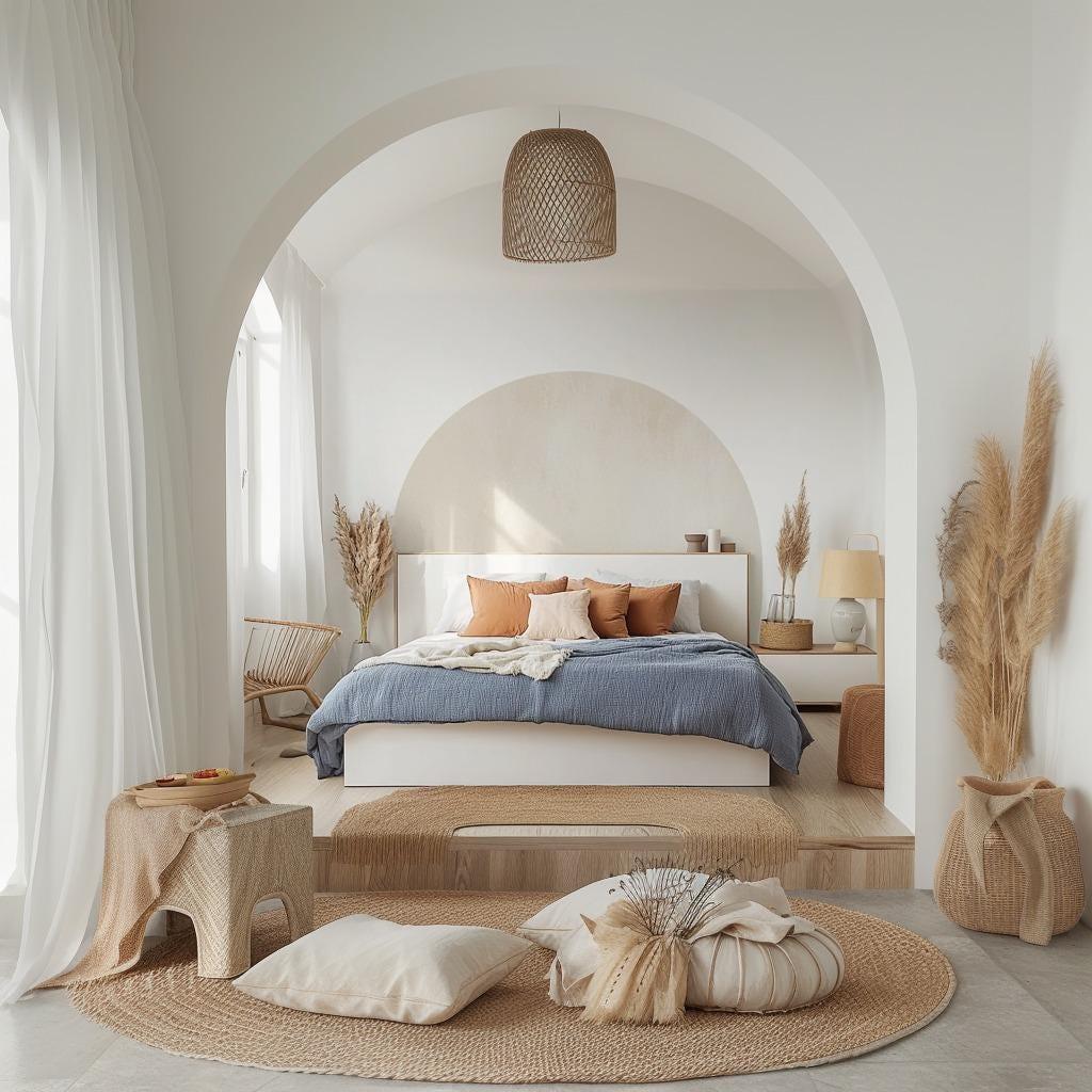 Elegant minimalist bedroom featuring neutral tones, boho decor, and a half-circle headboard.