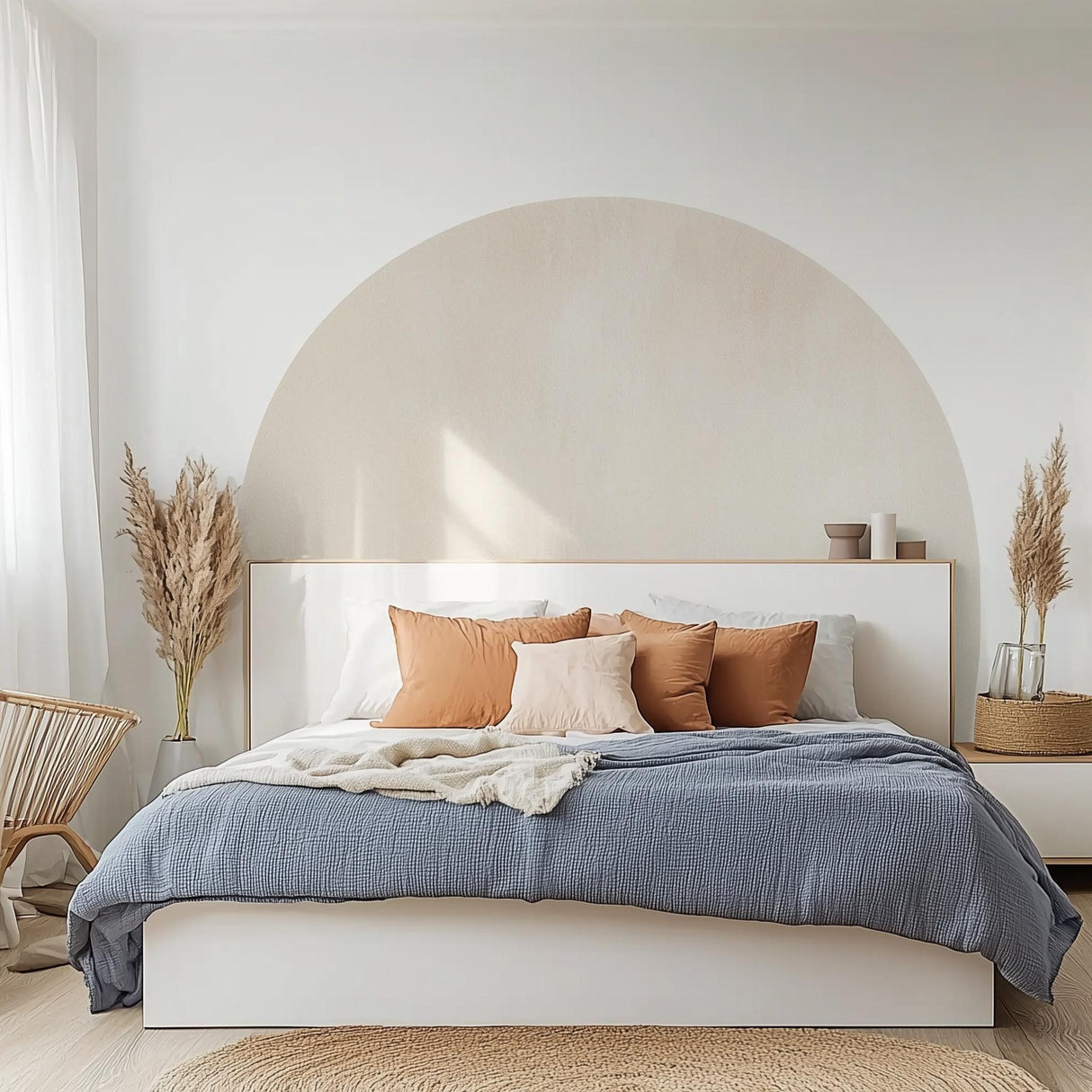 Minimalist Boho bedroom featuring a half-circle wall decal and neutral-toned bedding for a cozy decor.