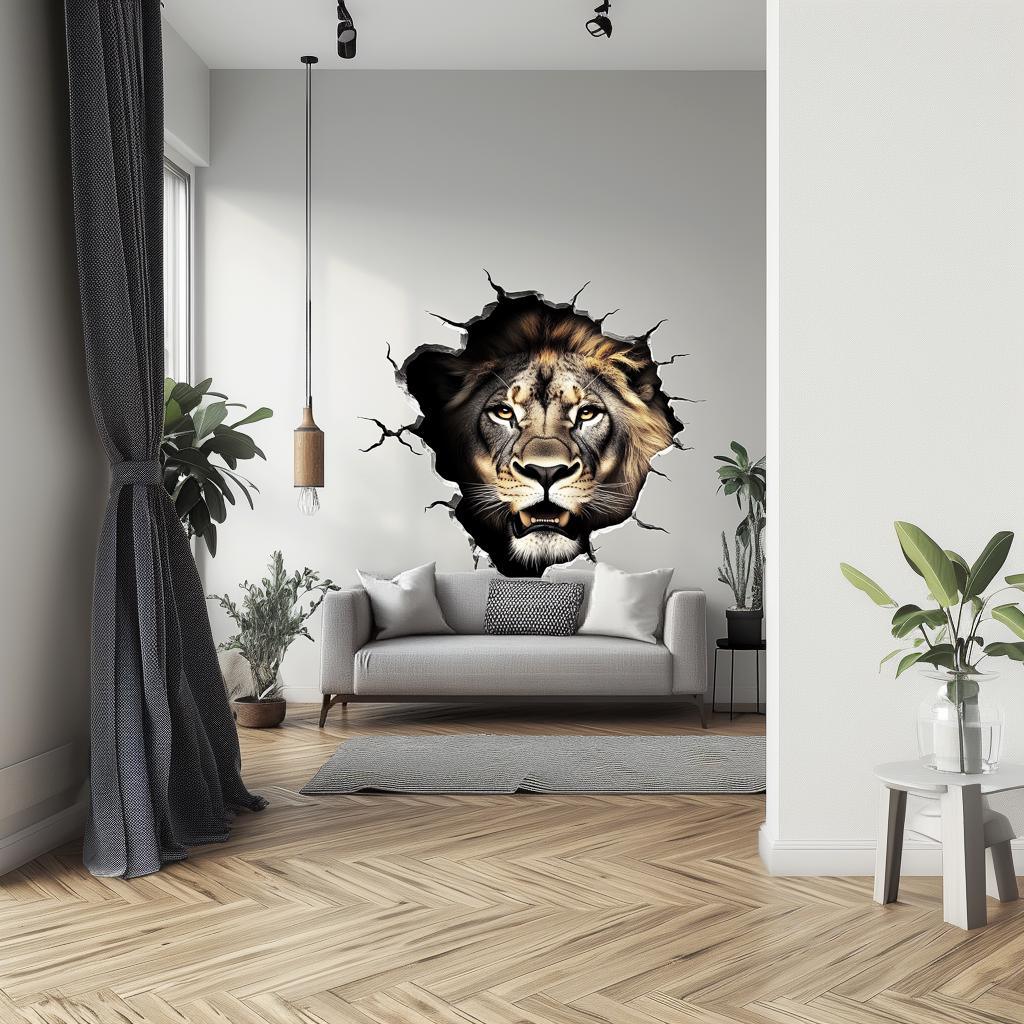 3D lion wall decal emerging through a wall in a modern living room interior, bold wall art decor.