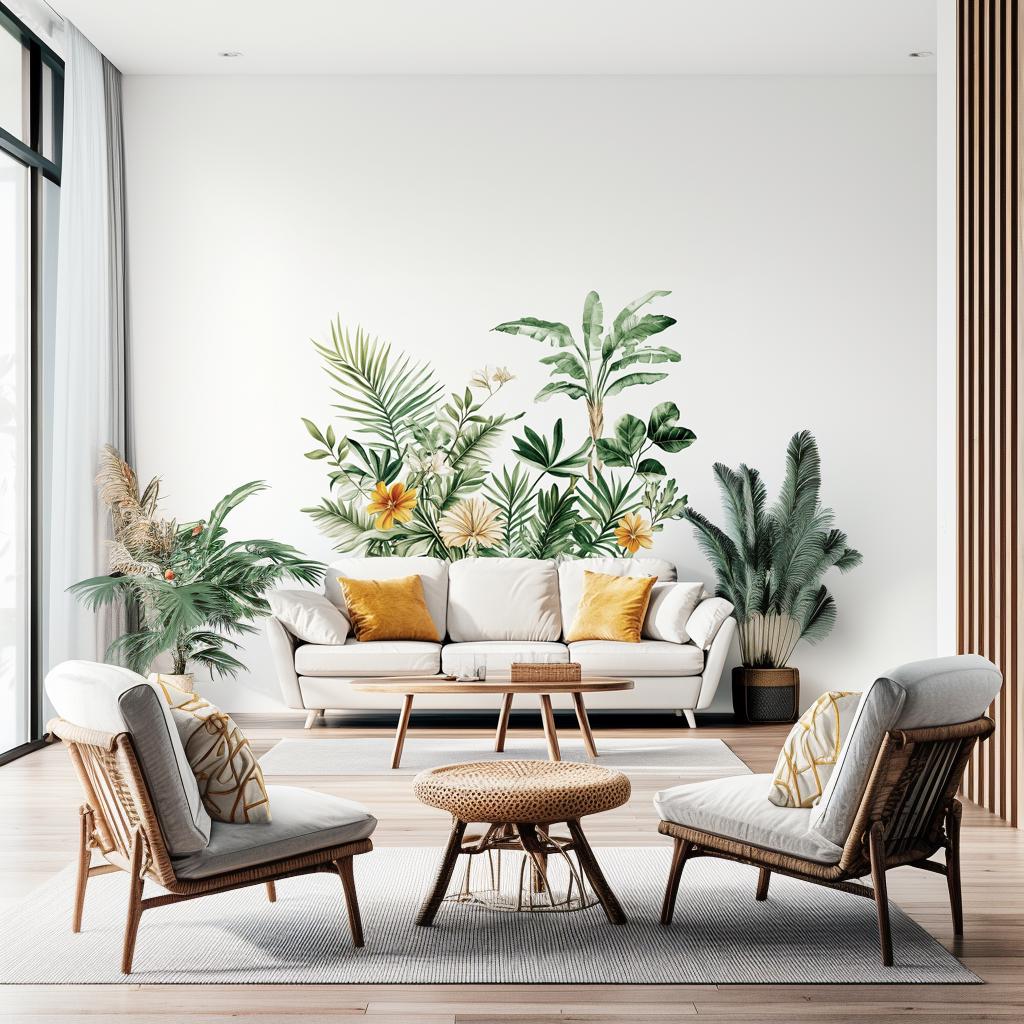 Botanical Wall Decal | Tropical Leaf and Flower Wall Sticker | Removable Nature-Inspired Wall Art for Living Room, Bedroom, or Office Decor