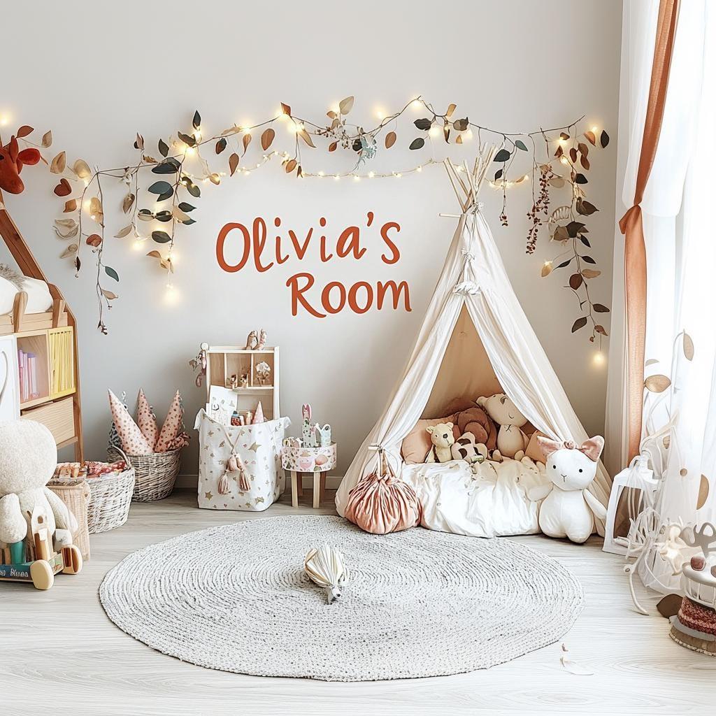 Custom kids room decal saying 'Olivia's Room' in a playful nursery setting with toys and a teepee.