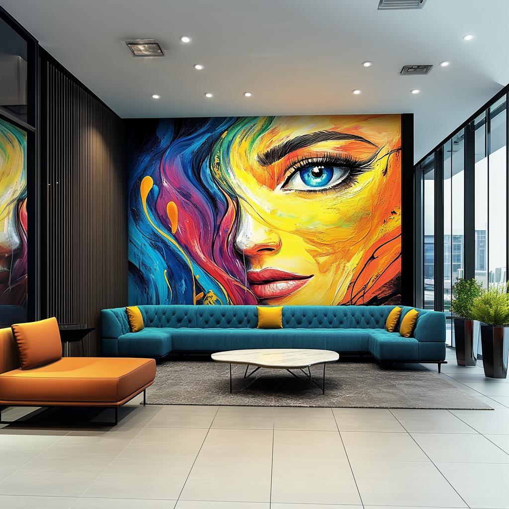 Colorful abstract woman's face mural in modern living room, featuring vibrant colors and artistic design.