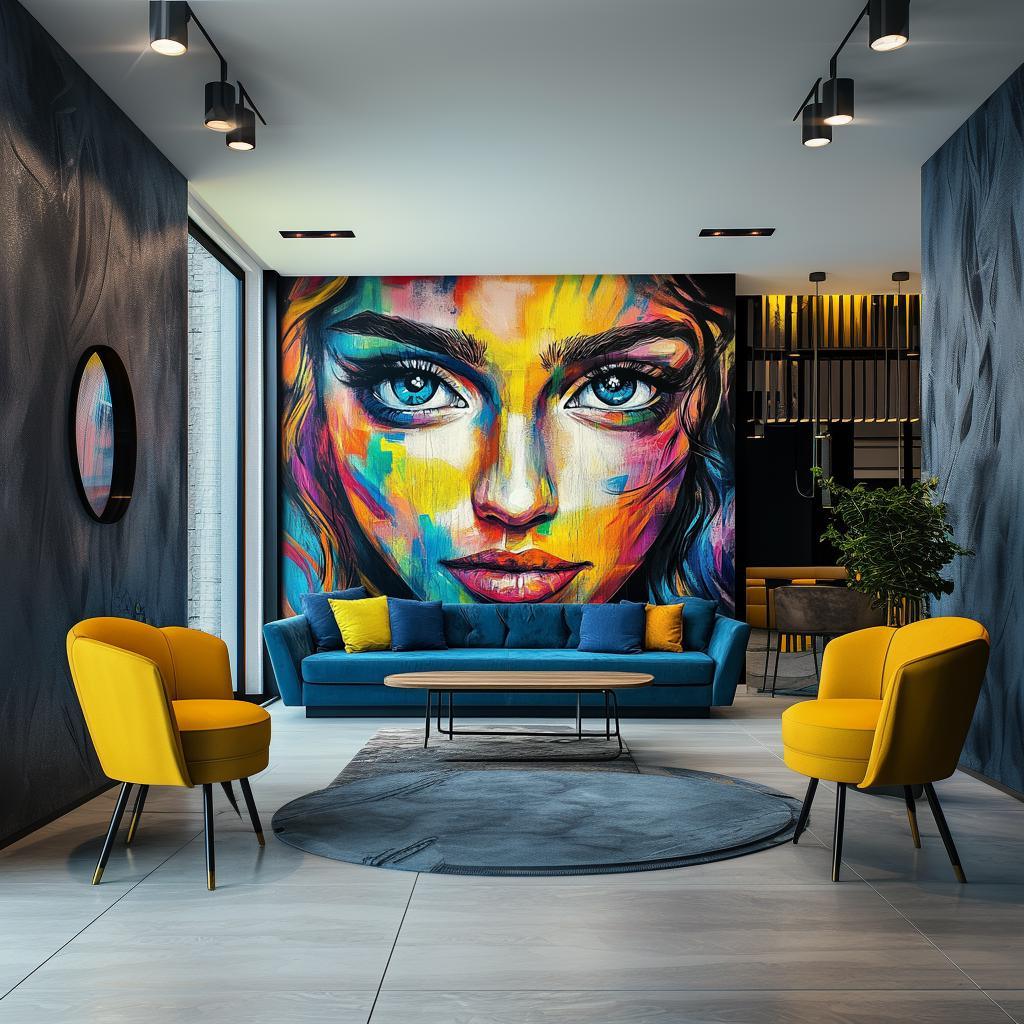 Vibrant abstract woman's face wallpaper mural in modern living room with yellow chairs and blue sofa.