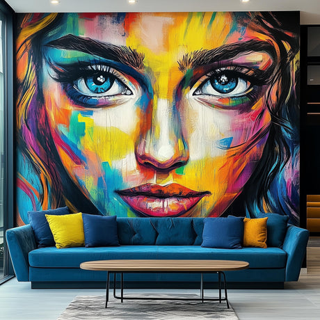 Vibrant abstract woman's face wallpaper mural in a modern living room, featuring bold colors and expressive eyes.