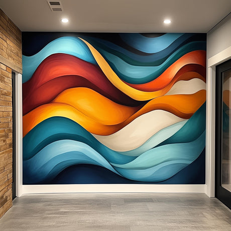 Colorful abstract waves wallpaper mural in modern living space, vibrant design for wall decor
