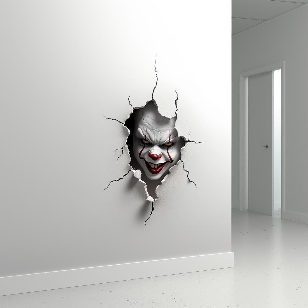 3D Evil Clown Wall Sticker breaking through wall for Halloween decor, featuring a scary clown face in realistic detail.