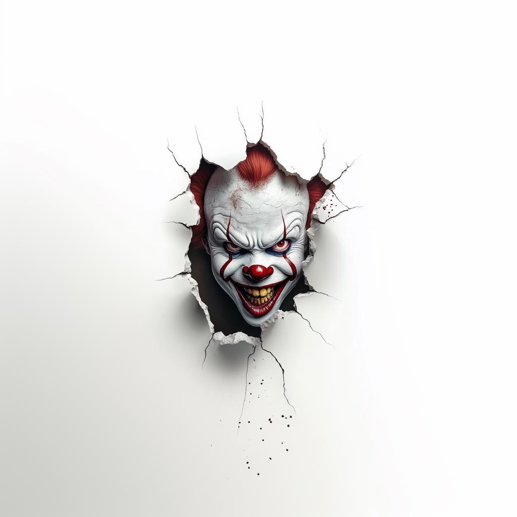 3D evil clown wall sticker breaking through wall, perfect Halloween horror decor.