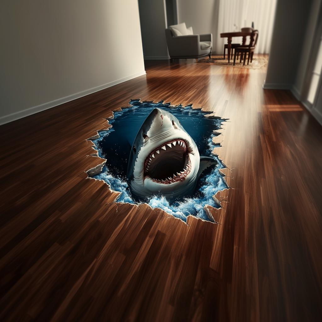 3D Shark Floor Sticker | Realistic Shark Vinyl Floor Decal | Shark Breakthrough Ocean Floor Art | Peel and Stick Vinyl Flooring Decoration
