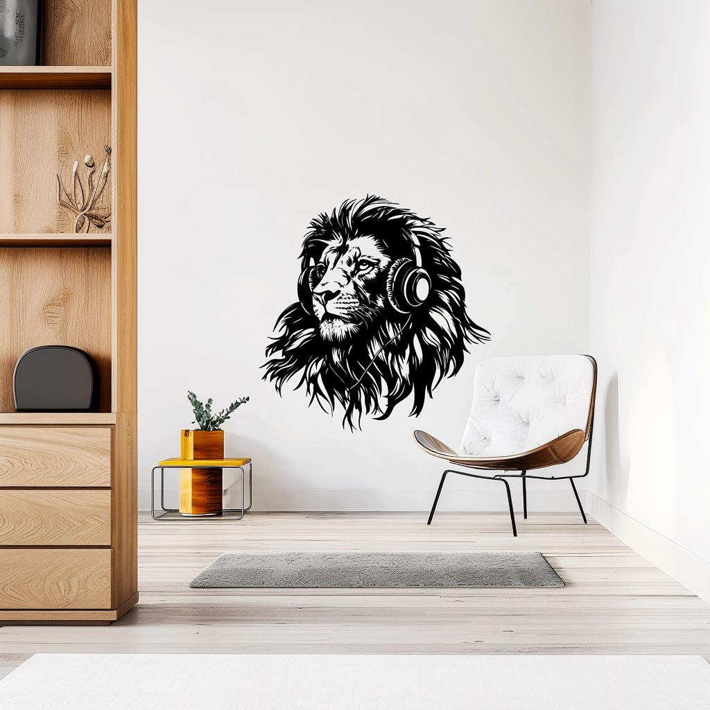 Black Lion Headphones Wall Sticker | Large Thinking Lion Wall Decal | Modern Music Lover Wall Art for Studio | Bold Animal Vinyl Sticker