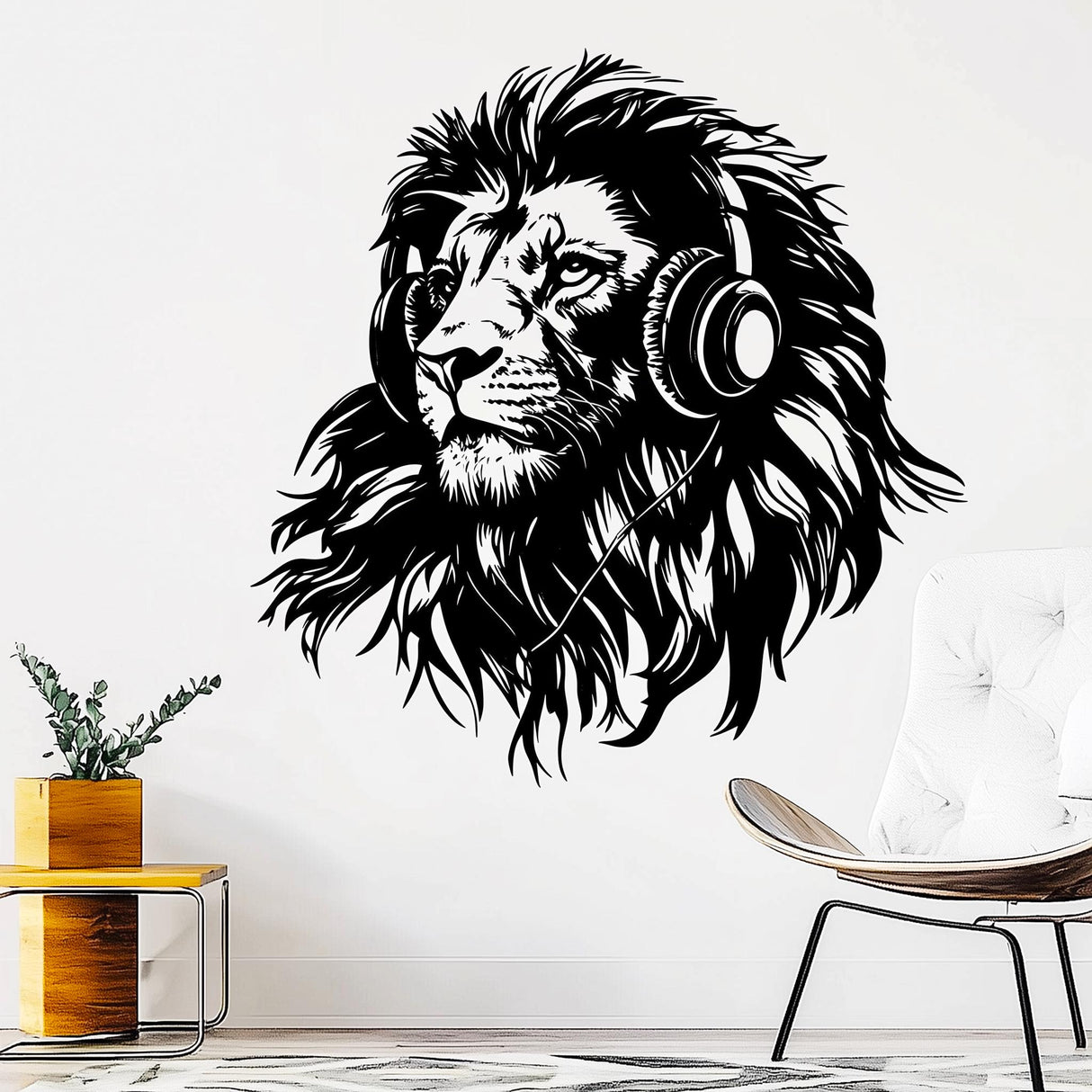 Black lion head with headphones wall sticker for music lovers, modern vinyl decor for studio or living space.
