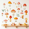 Colorful mushroom wall decals in a nursery, featuring whimsical designs and delicate foliage for playful decor.